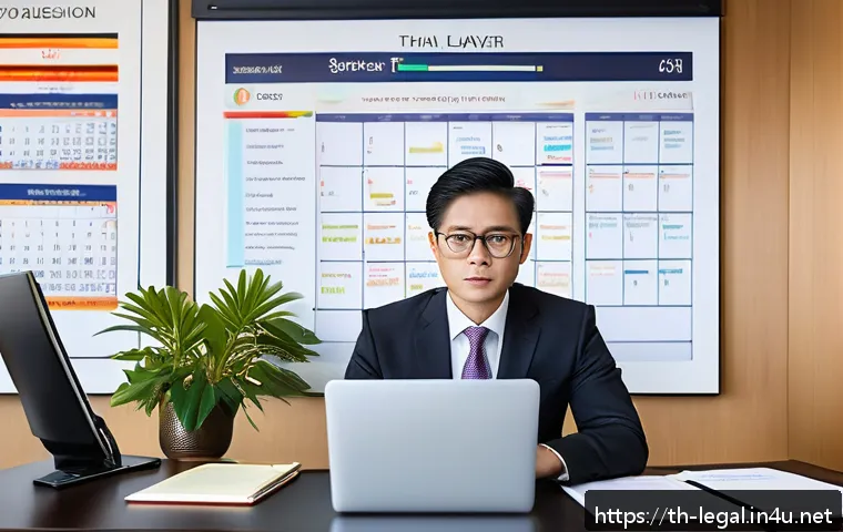법률 자문가 업무 효율성 향상 - A modern Thai legal office scene featuring a professional lawyer using advanced legal document analy...