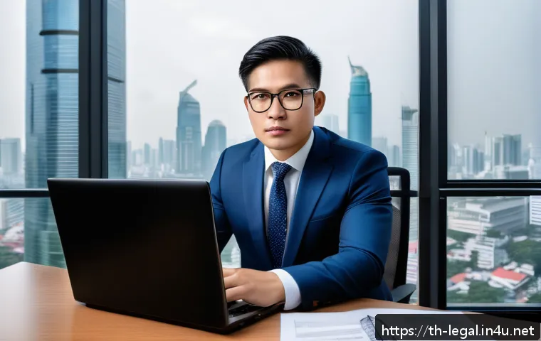 법률자문가의 자격 취득 - A professional Thai legal consultant in a modern office setting, dressed in formal business attire w...