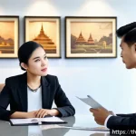 Home 18 법률 자문가의 업무 처리 프로세스 - A professional Thai legal consultant attentively listening to a client in a modern office setting, b...