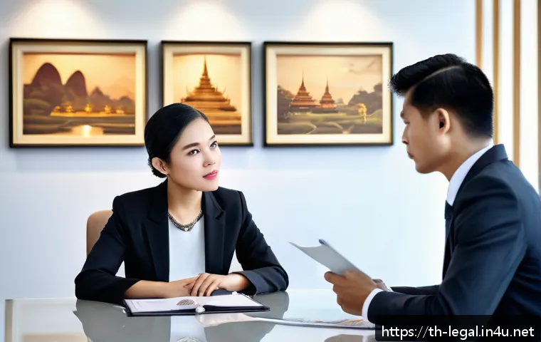 법률 자문가의 업무 처리 프로세스 - A professional Thai legal consultant attentively listening to a client in a modern office setting, b...