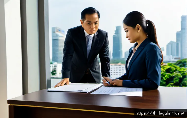 Home 30 법률자문가의 직무 역량 - Photorealistic Thai legal advisor in professional business attire consulting with a client across a ...