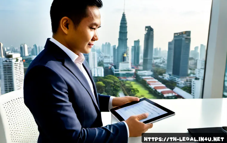 Home 17 법률자문가의 직무 발전 방향 - Photorealistic Thai legal advisor in a modern Bangkok office, professionally dressed, reviewing case...
