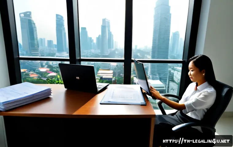 법률 자문가의 이직 팁 - Photorealistic Thai legal advisor in smart business attire preparing for a career transition at a ti...
