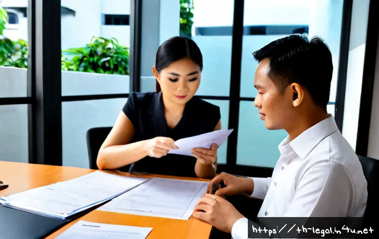 법률 자문가의 사건 처리 과정 - Photorealistic Thai legal advisor reviewing a client case file with an adult client in a modern Bang...