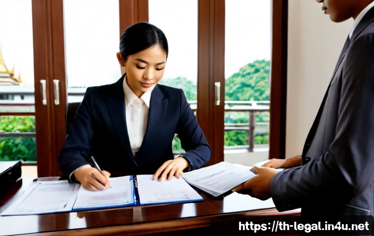 Home 17 법률 자문가 직무 설명 - Photorealistic Thai legal adviser in a tailored business suit meeting a client across a polished woo...